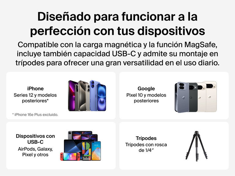 Belkin Stage PowerGrip compatibility chart showing support for iPhone 12 and later, Google Pixel 10 and later, USB-C devices like AirPods and Galaxy, and tripods with 1/4-inch mounts.