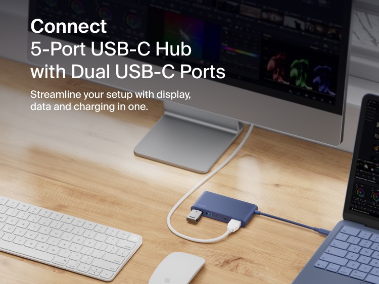 Belkin Connect 5-Port USB-C Hub with Dual USB-C Ports shown on a desk connecting a laptop and monitor for display, data transfer, and charging.