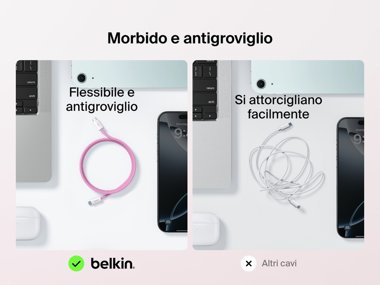 Confronto affiancato che mostra la morbidezza, la flessibilità e la resistenza ai grovigli del cavo da USB-C a USB-C da 60 W Belkin BoostCharge, rispetto ai cavi standard che si attorcigliano facilmente.