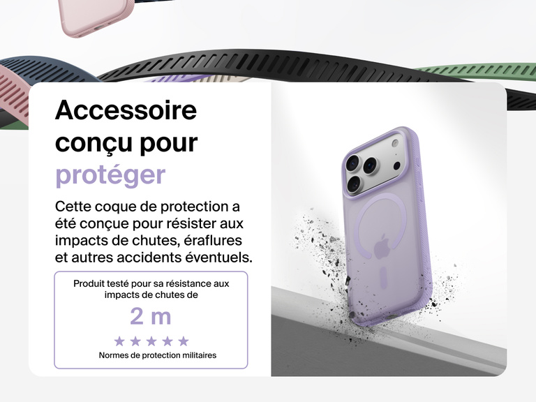 Belkin SheerForce Grip Series Case for iPhone 17 shown with textured grip and impact protection against drops.