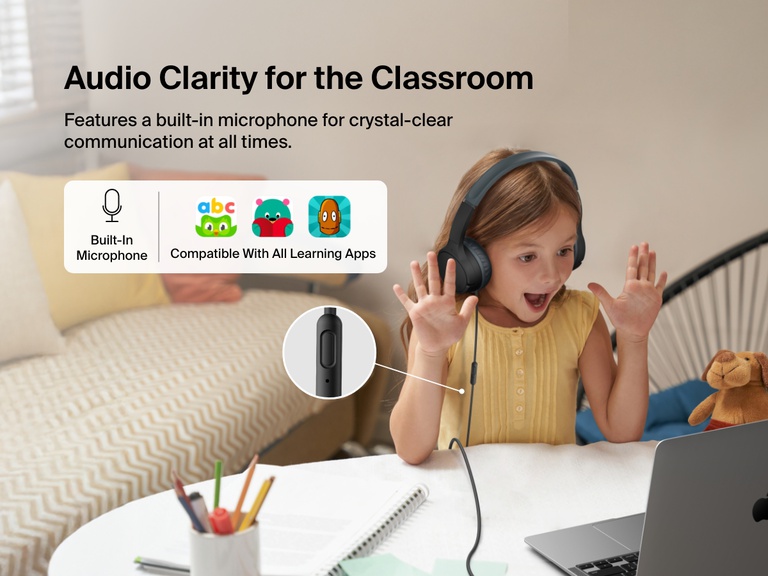 Young girl using Belkin Wired On-Ear Headphones for Kids with a built-in microphone while video chatting on a laptop, highlighting clear audio and compatibility with learning apps for classroom use.