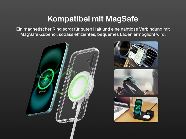 A promotional image showcasing the SheerForce™ Magnetic iPhone Case's MagSafe compatibility. The image highlights how the case securely attaches to MagSafe accessories, including car mounts, phone stands, and wireless charging docks, ensuring a seamless and efficient charging experience. The transparent case features a built-in magnetic ring for a strong connection to MagSafe-enabled devices.