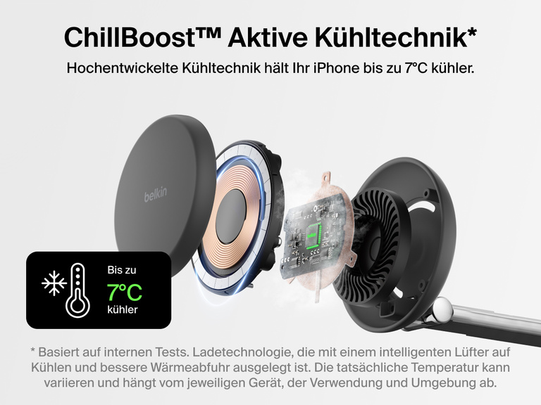 Die Belkin UltraCharge Pro magnetische 3-in-1-Ladestation mit Qi2 25W hält während des schnellen kabellosen Ladens mit der aktiven Kühltechnik ChillBoost™ Ihr iPhone ca. 7°C kühler.
