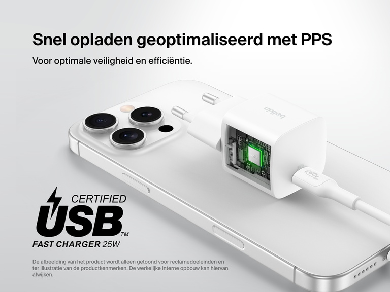 Belkin BoostCharge USB-C Wall Charger 25W shown with a visual cutaway highlighting PPS optimized fast charging for enhanced safety and efficiency.