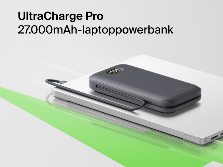 UltraCharge Pro Laptop Power Bank 27K portable charger with integrated cable and digital display resting on a laptop for high-capacity on-the-go charging