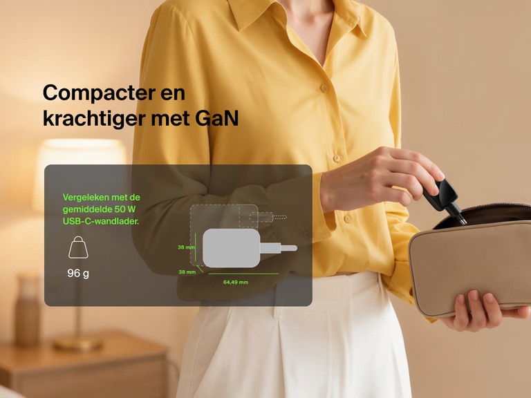 Afbeelding van een Belkin BoostCharge Pro 2-poorts USB-C GaN-wandlader van 50 W met een compact ontwerp van 89 g, inklapbare stekkerpinnen en een kleiner formaat dan standaard 50W-laders, waarin wordt getoond dat hij gemakkelijk in een reistas past.