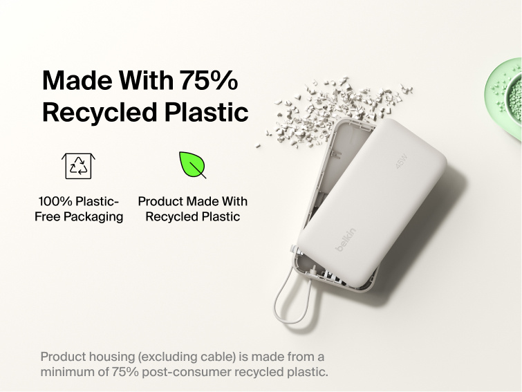 Belkin UltraCharge 10K power bank with integrated USB-C cable and digital display made with 75% recycled plastic and eco-friendly packaging