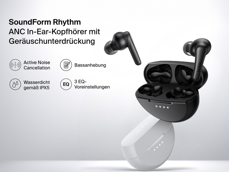 Abbildung von Belkin SoundForm Rhythm ANC Noise-Cancelling Kopfhörern in Schwarz und Weiß mit Ladecases, die sich durch Active Noise Cancellation, Bassanhebung, Wasserfestigkeit gemäß IPX5 und drei Equalizer-Voreinstellungen auszeichnen.
