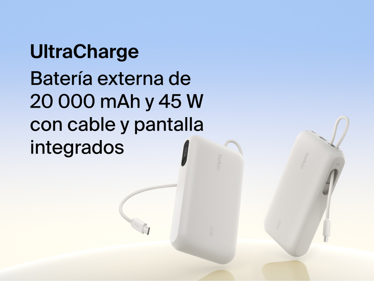 Belkin UltraCharge 20K 45W power bank with integrated USB-C cable and digital display showing portable high-capacity fast charging solution