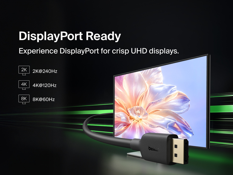Connect DisplayPort 1.4 Cable plugged into a monitor displaying a vivid flower image, illustrating support for 8K at 60Hz, 4K at 120Hz, and 2K at 240Hz resolutions