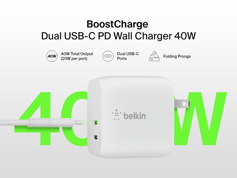 Image of a white Belkin BoostCharge Dual USB-C PD Wall Charger 40W plugged in, featuring two USB-C ports, folding prongs, and labeled with 40W total output (20W per port).