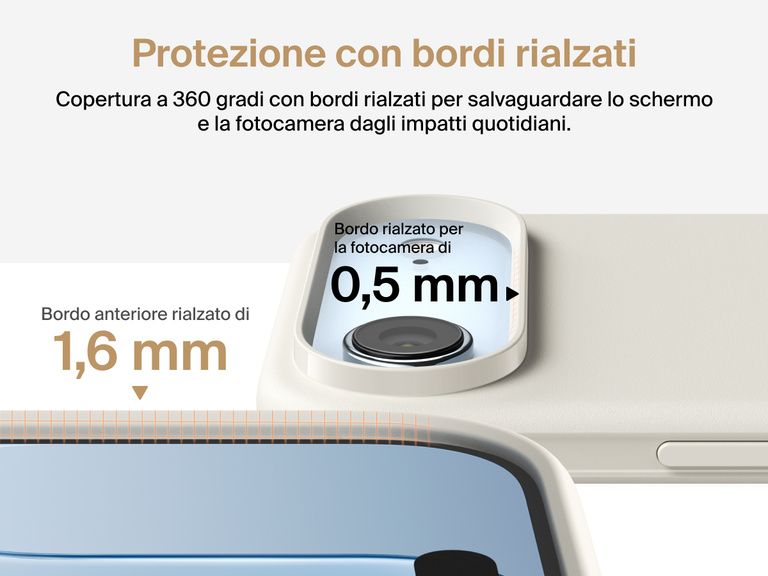 Immagine della custodia Belkin SheerForce Protect Series per iPhone 17 con design dei bordi rialzati e protezione dalle cadute di grado militare (fino a 4 metri).