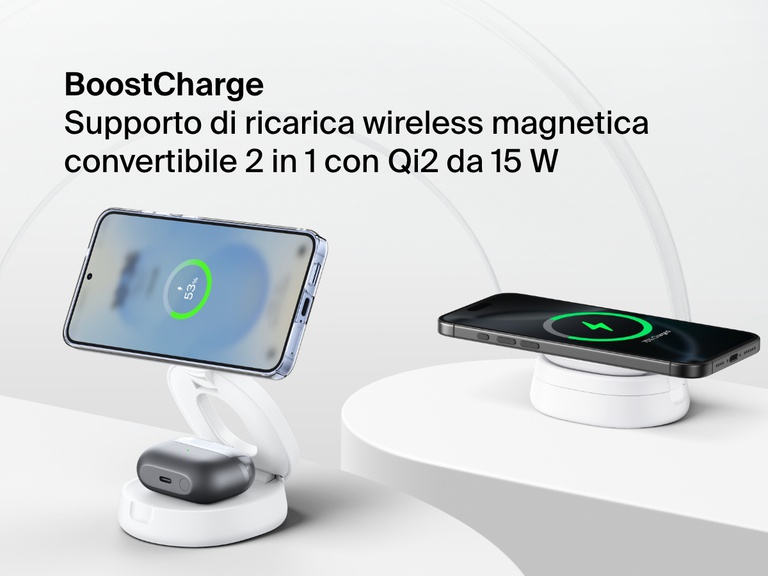 Belkin BoostCharge 2-in-1 Convertible Magnetic Charging Stand with Qi2 15W shown charging a smartphone and wireless earbuds in both upright and flat configurations.