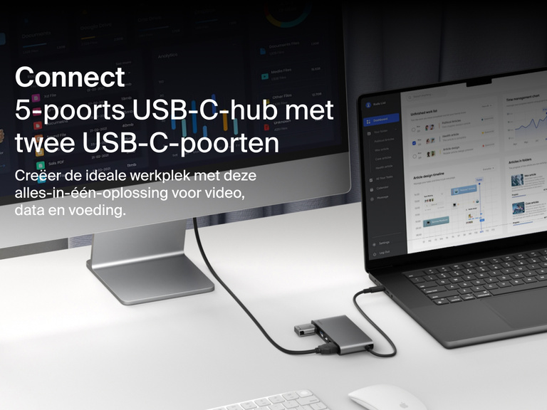 Belkin Connect 5-Port USB-C Hub with Dual USB-C Ports shown on a desk connecting a laptop and monitor for display, data transfer, and charging.
