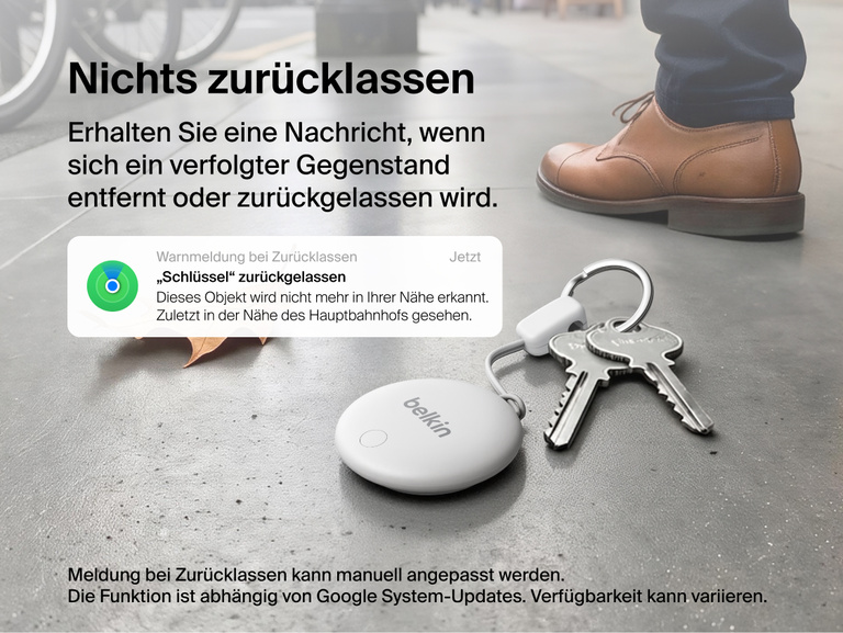 Der Belkin SureFind Spot Tracker, der an Schl&uuml;sseln befestigt ist, veranschaulicht Benachrichtigungen &uuml;ber zur&uuml;ckgelassene Gegenst&auml;nde, wenn sich ein verfolgtes Ger&auml;t nicht mehr in der N&auml;he befindet.