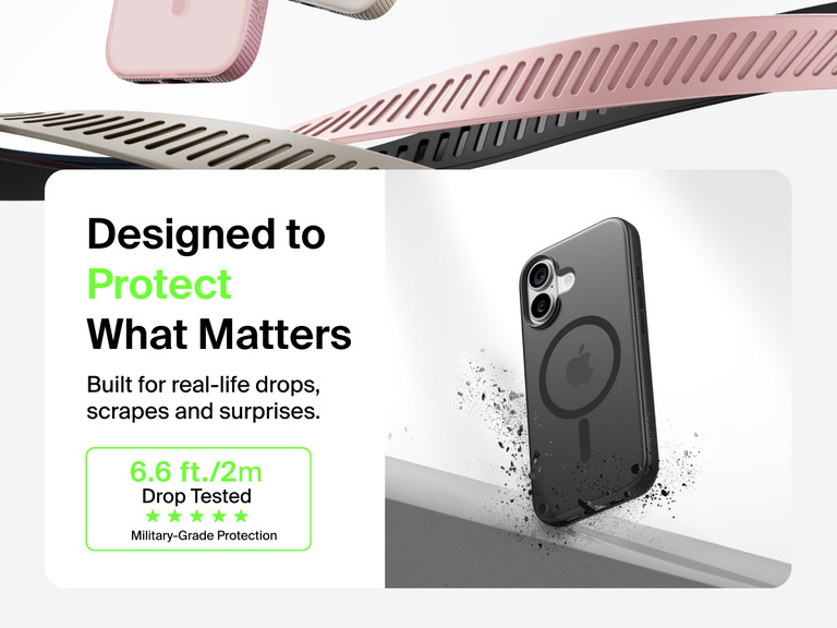 Belkin SheerForce Grip Series Case for iPhone 17 shown with textured grip and impact protection against drops.