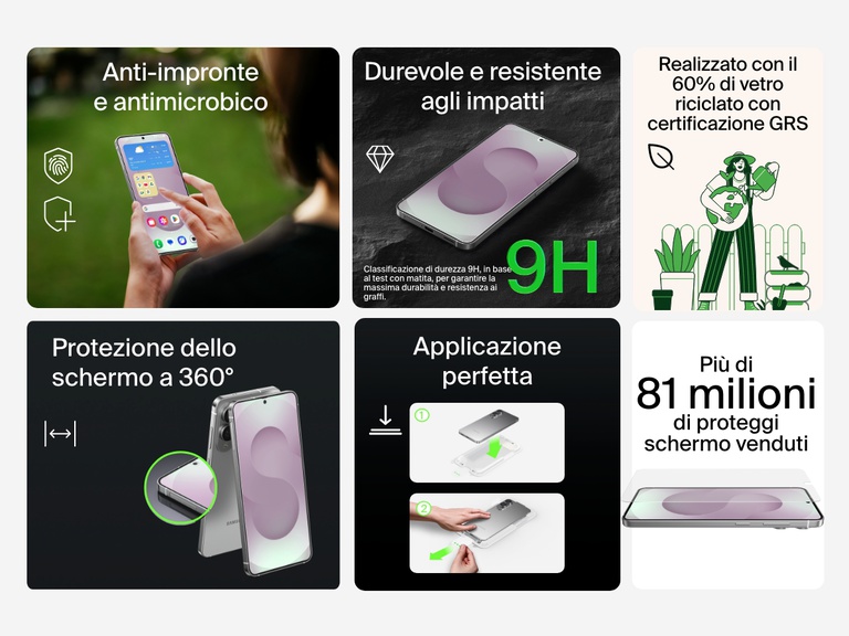 Funzionalità del proteggi schermo ScreenForce InvisiGlass antimicrobico: rivestimento anti-impronte e antimicrobico, resistenza a impatti e graffi (9H), composizione con il 60% di vetro riciclato con certificazione GRS, protezione dello schermo a 360°, procedura di installazione facile e nota sulla vendita di 81 milioni di proteggi schermo.