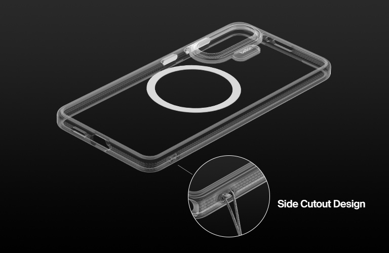 A dual-image showcase of the SheerForce™ Magnetic iPhone Case's key protective features. The left image highlights the anti-scratch coating, showing the case protecting an iPhone from keys in a pocket. The right image focuses on the enhanced stability and grip, featuring special textured grooves that improve handling and reduce the risk of slipping.