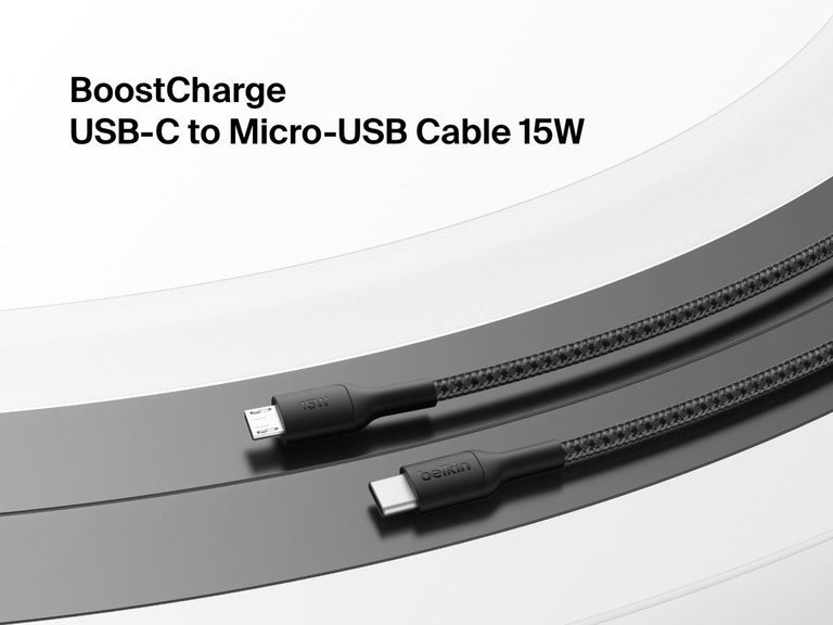 Flat lay of the black Belkin BoostCharge USB-C to Micro-USB Braided Cable 15W with textured finish, shown on a curved monochrome background with product name in bold text.