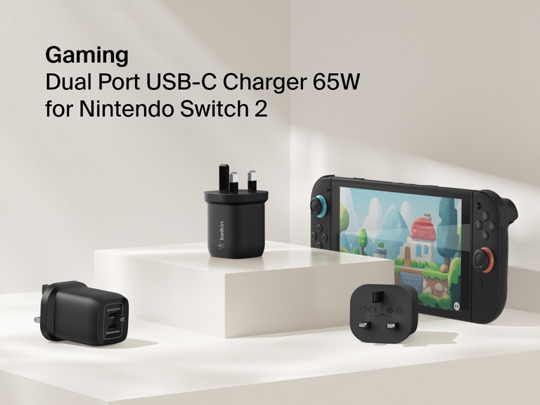 Belkin Gaming Dual USB-C Wall Charger 65W shown with a Nintendo Switch 2 delivers high-speed charging through dual USB-C ports, ideal for console and accessory power.