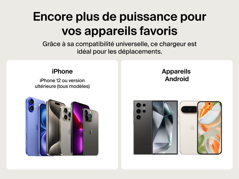 Belkin BoostCharge Slim Magnetic Power Bank 5K shown compatible with Android devices, iPhone series 12 and later, and magnetic accessories like wallets and PopSockets for universal travel-ready charging.