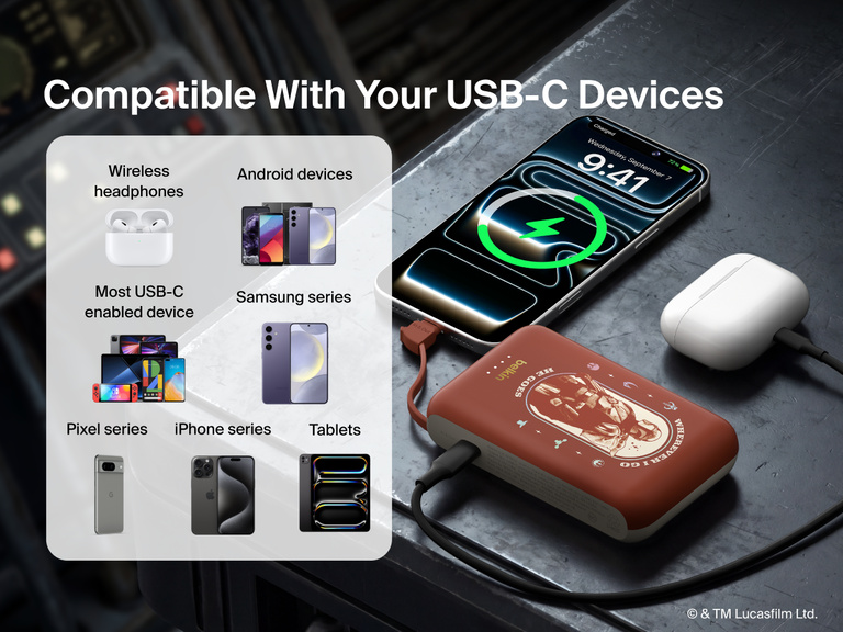 Belkin BoostCharge Power Bank 10K with Integrated Cable compatible with USB-C smartphones, tablets, wireless earbuds, and other USB-C enabled devices.