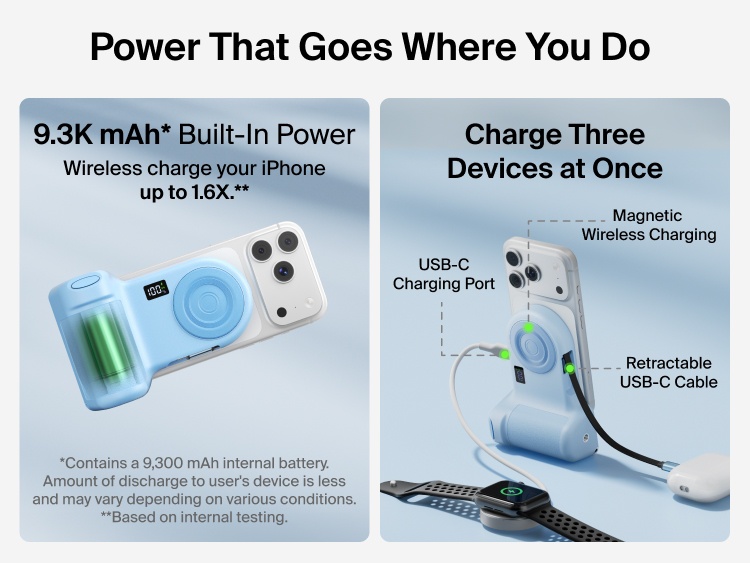 Belkin Stage PowerGrip compatibility chart showing support for iPhone 12 and later, Google Pixel 10 and later, USB-C devices like AirPods and Galaxy, and tripods with 1/4-inch mounts.