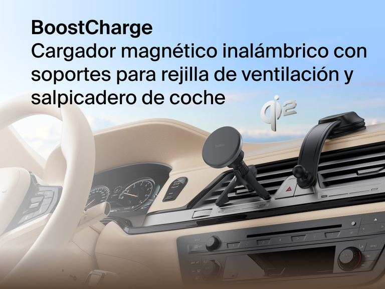 Belkin BoostCharge Magnetic Wireless Charging Car Vent and Dash Mount shown installed in a vehicle, featuring Qi2 fast charging with a portrait or landscape magnetic phone attachment.