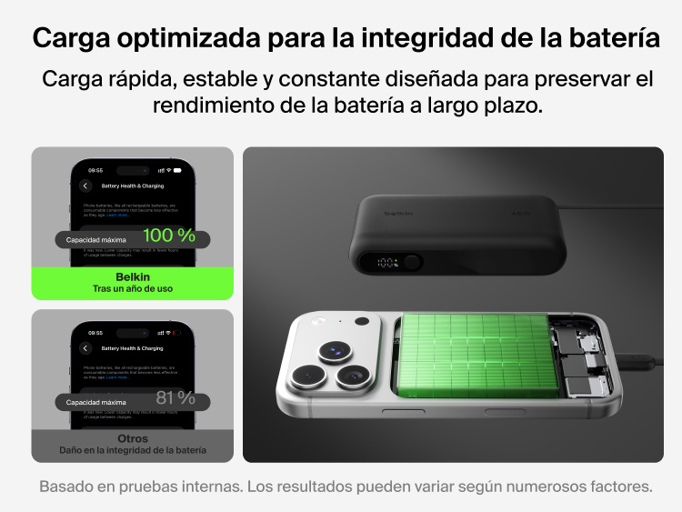 Belkin UltraCharge 10K power bank with integrated USB-C cable and digital display featuring optimized fast and stable charging to support long-term battery health