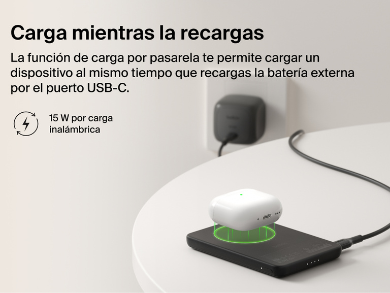 Belkin BoostCharge Slim Magnetic Power Bank 5K with Qi2 demonstrating pass-through charging, wirelessly powering a device while the power bank recharges via USB-C.