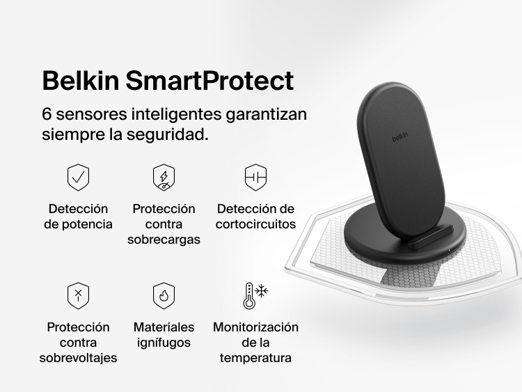 Belkin BoostCharge Wireless Charging Stand 15W featuring SmartProtect technology with six intelligent sensors for current detection, overload protection, and temperature monitoring.