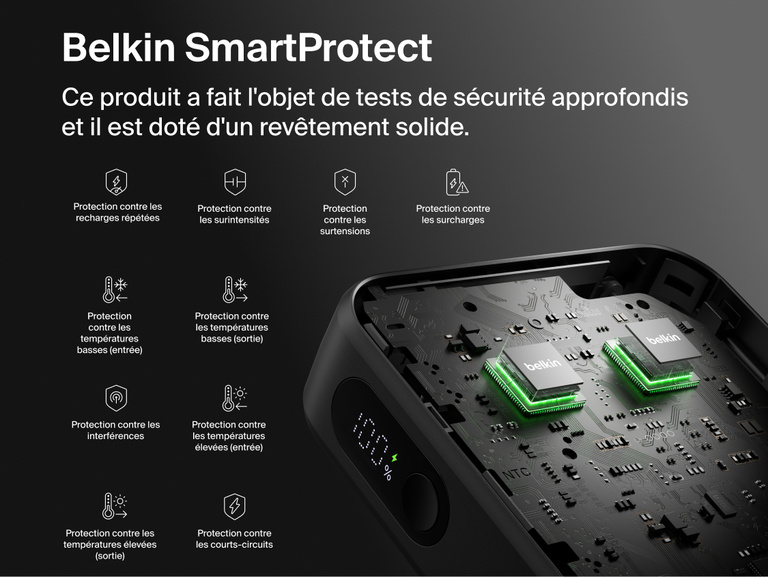 Belkin UltraCharge 20K 45W power bank with integrated cable featuring SmartProtect safety system with multi-layer protection for secure and reliable charging