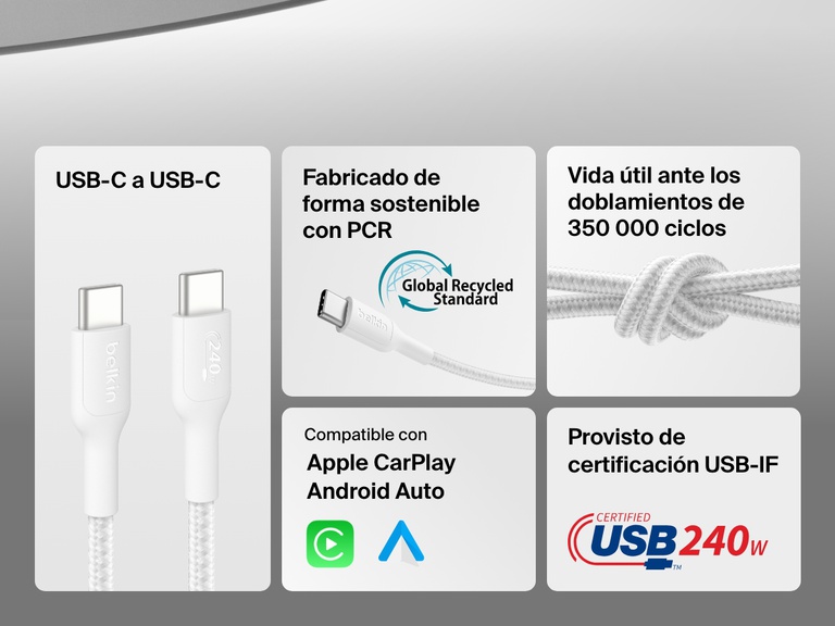 Feature callout graphic highlighting the Belkin BoostCharge Pro USB-C to USB-C Braided Cable 240W with USB-IF certification, 350,000+ bend lifespan, PCR materials, and compatibility with Apple CarPlay and Android Auto.