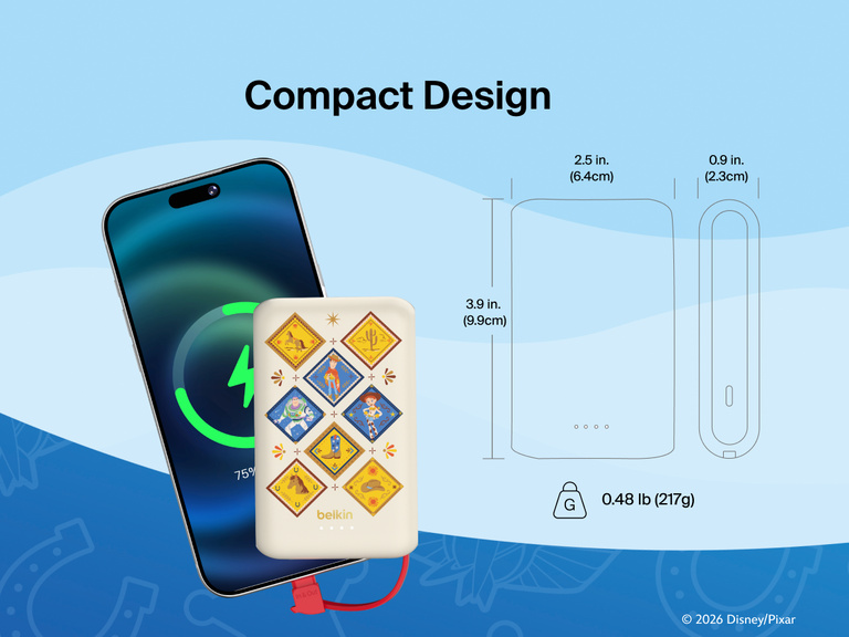 Belkin BoostCharge Power Bank 10K with Integrated Cable shown in hand with compact dimensions for easy everyday travel and portable device charging.