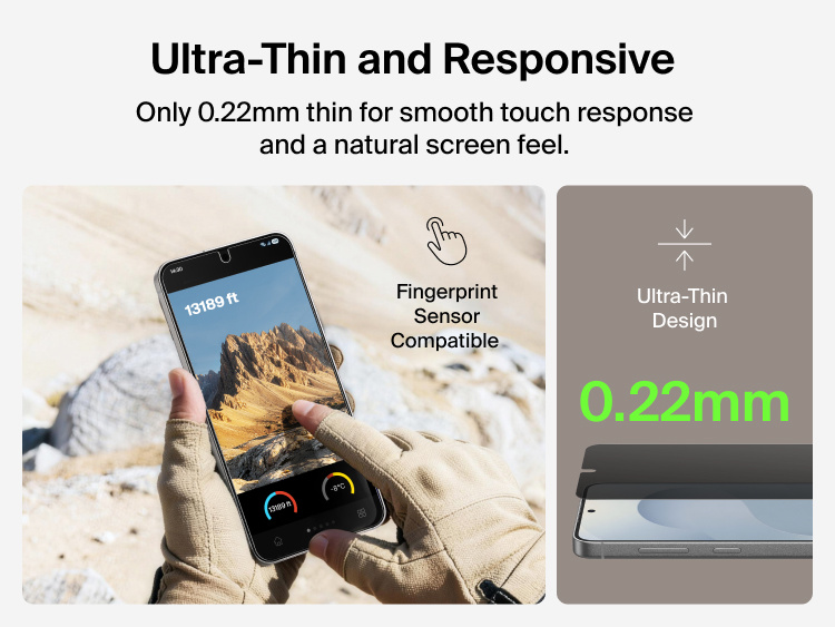 Belkin ScreenForce Titan EcoGuard Privacy Filter Screen Protector for Samsung Galaxy S26 shown with an ultra-thin 0.22 mm design that maintains smooth touch response and fingerprint sensor compatibility.