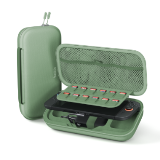 Green hard-shell charging case for Nintendo Switch 2, featuring internal compartments for game cartridges, console, and accessories.