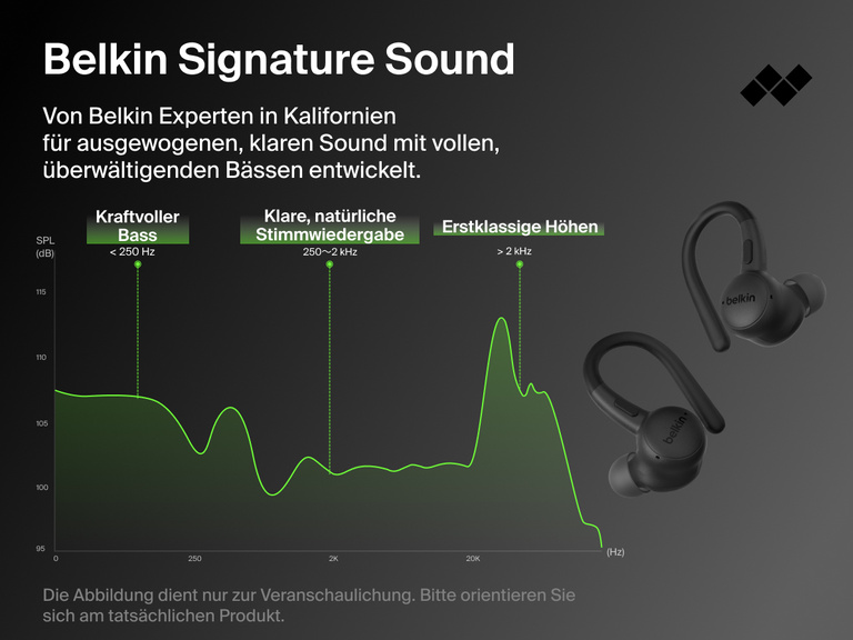 Belkin SoundForm ActiveFit Wireless Earbuds engineered in California with signature sound tuning for powerful bass, clear vocals, and crisp treble.