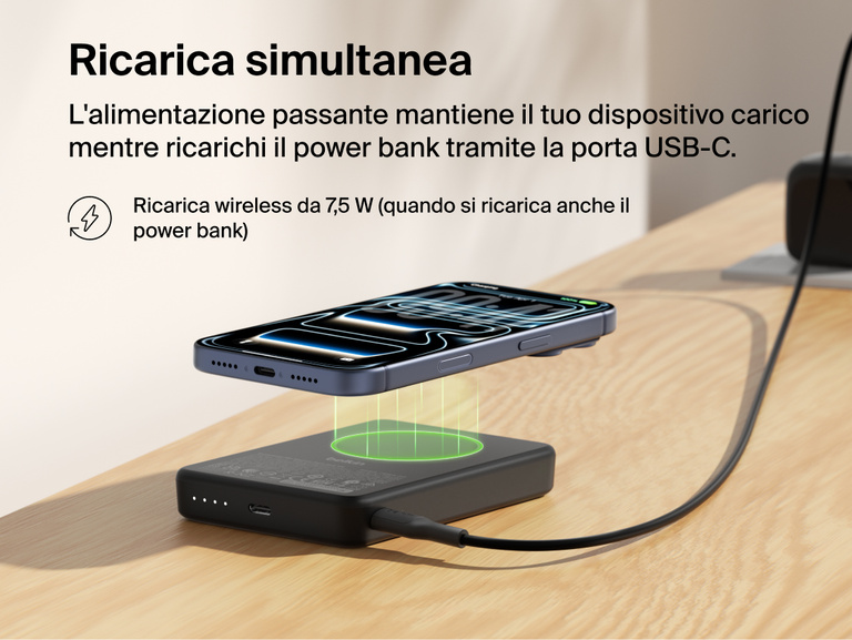 Belkin BoostCharge Slim Magnetic Power Bank 10K demonstrating pass-through charging with a smartphone wirelessly charging at 7.5W while the power bank recharges via USB-C