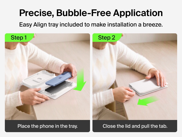 Belkin Titan SmartShield Bright Privacy Screen Protector Easy Align tray demonstrates two-step bubble-free installation by placing the iPhone 17 in the tray, closing the lid and pulling the tab.