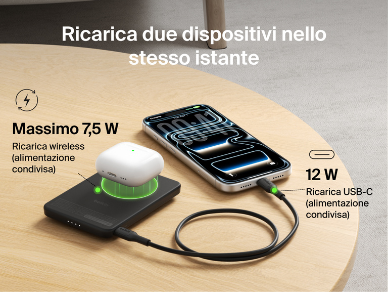 Belkin BoostCharge Slim Magnetic Power Bank 5K with Qi2 charging two devices simultaneously using magnetic wireless charging and USB-C wired output for shared power.