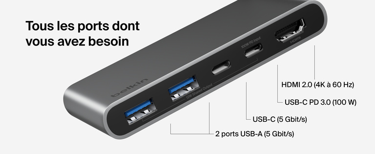 Belkin Connect 5-Port USB-C Hub with Dual USB-C Ports includes HDMI 2.0 4K@60Hz, USB-C PD 3.0 100W, USB-C 5Gbps, and dual USB-A 5Gbps ports.