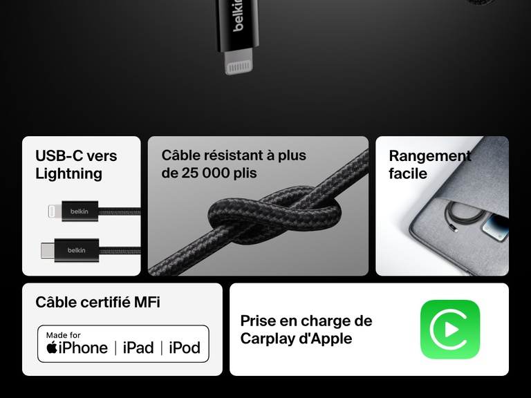 Le câble USB-C Belkin BoostCharge avec connecteur Lightning est doté d'une gaine tressée solide qui résiste à plus de 25 000 plis. Il est certifié MFI et compatible avec CarPlay d'Apple. Son design compact facilite le rangement et il est conçu pour les iPhone, iPad et iPod.