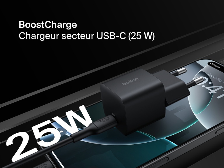 Belkin BoostCharge USB-C Wall Charger 25W shown plugged into a smartphone, highlighting its compact design and fast charging capability.