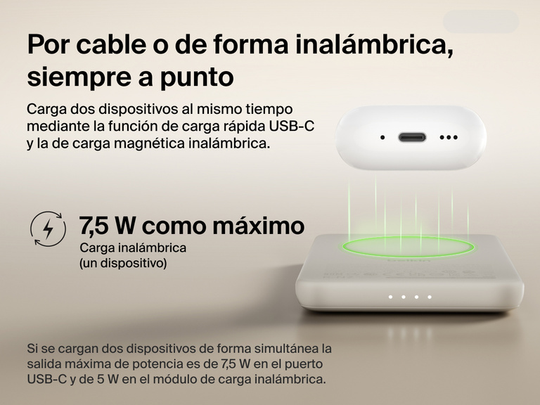 Belkin BoostCharge Slim Magnetic Power Bank 5K shown wirelessly charging earbuds, demonstrating 7.5W max magnetic wireless charging for single-device power.