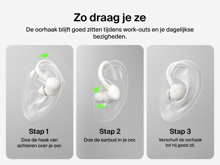 Belkin SoundForm ActiveFit Wireless Earbuds with secure hook design, shown in a step-by-step guide for wearing during workouts and daily use.