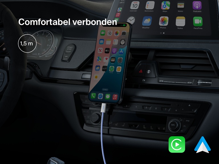 Afbeelding van een Belkin BoostCharge 60 W USB-C naar USB-C-kabel in een auto, met een kabel van 1,5 m, waardoor opladen heel gemakkelijk is, en met naadloze Apple CarPlay- en Android Auto-connectiviteit.