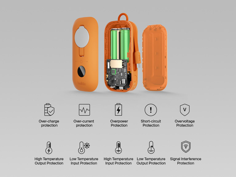 Belkin BoostCharge Slim Magnetic Power Bank 5K shown with smart thermal control and ultra-slim 0.5-inch profile designed for portable, pocket-friendly charging.