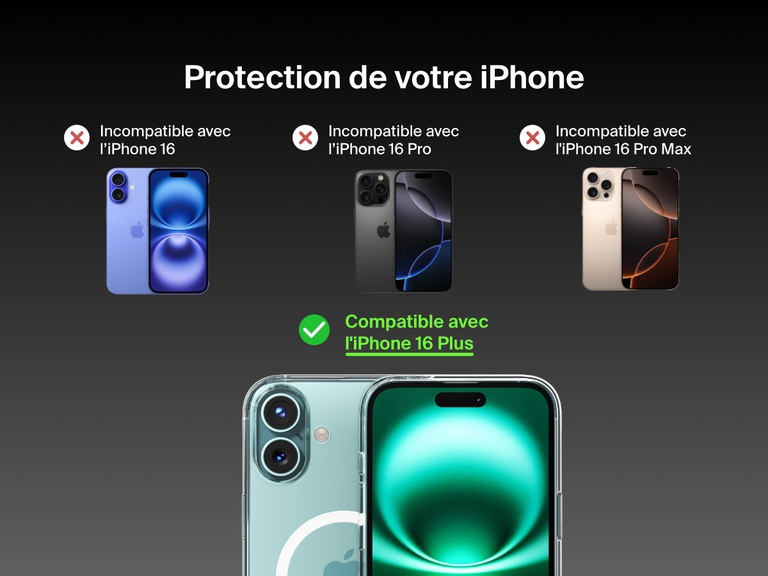 A compatibility guide for the SheerForce™ Magnetic iPhone Case. The image highlights that the case is compatible with iPhone 16 (marked with a green check), but not compatible with the iPhone 16 Plus, iPhone 16 Pro, or iPhone 16 Pro Max (each marked with a red X). Different iPhone models are displayed to visually indicate compatibility limitations.