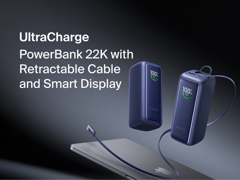 UltraCharge Power Bank 22K with Retractable Cable shown from two angles with battery displays reading 100 percent and its built-in retractable USB-C cable extended