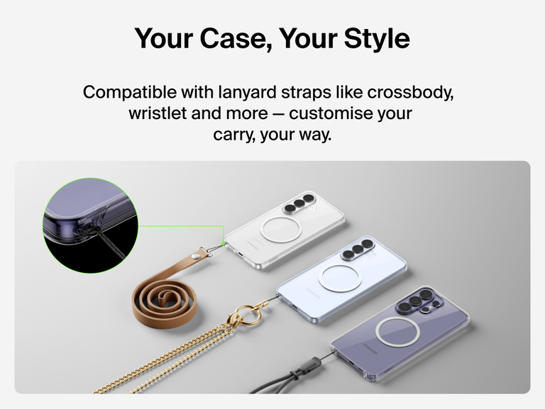 Belkin SheerForce Clear Series Case for Samsung Galaxy S26 shown with lanyard attachment point, compatible with crossbody and wristlet straps for customizable, hands-free phone carry.